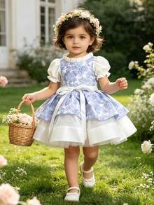 XUMPLO Baby Girls' Cute Elegant Blue Floral Applique White Mesh Bowknot Short Party Dress, Princess Dress For Birthday, Party, Holiday - Blue - View 4