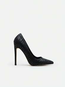 CHICVUE Zapatos de tacón alto de fiesta casuales con punta puntiaguda y textura de piedra negra sexy y de moda para mujeres, tacones de aguja - Negro - Ver 1