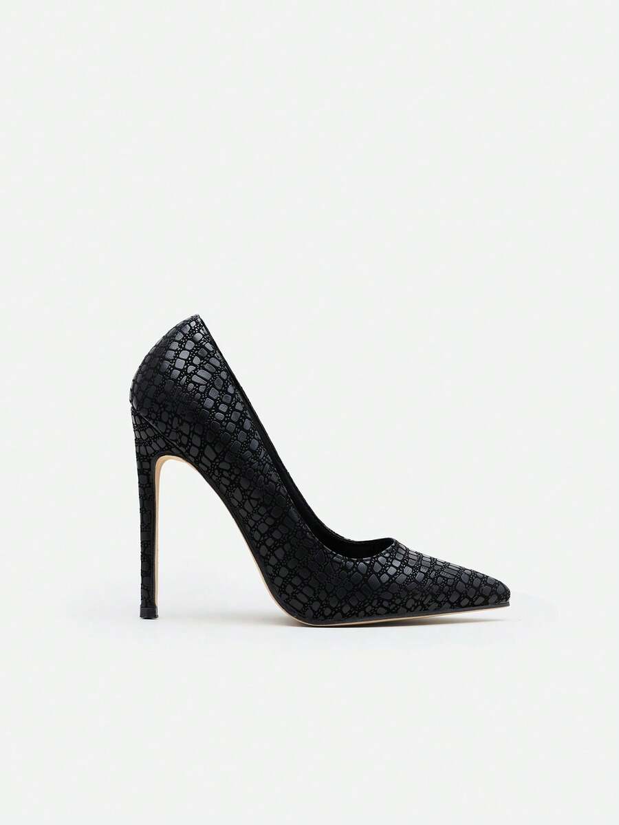 CHICVUE Zapatos de tacón alto de fiesta casuales con punta puntiaguda y textura de piedra negra sexy y de moda para mujeres, tacones de aguja - Negro - Ver 1