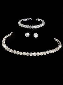 Women's Luxury Round Crystal Jewelry Set, Charming Silver Bracelet, Earrings, Necklace, Suitable For Wedding Party - Silver - View 1