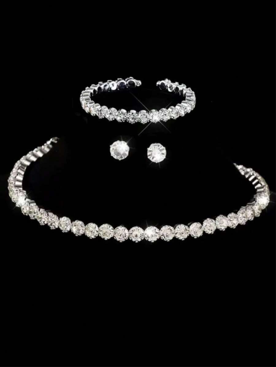 Women's Luxury Round Crystal Jewelry Set, Charming Silver Bracelet, Earrings, Necklace, Suitable For Wedding Party - Silver - View 1