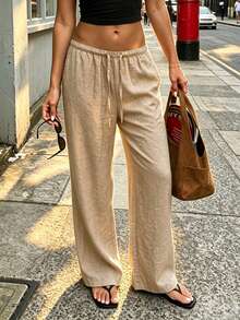 Pantalones anchos de lino para mujer, cintura elástica con cordón, sueltos y relajados, informales, ligeros y transpirables, para verano - Azul profundo 2 - Ver 10