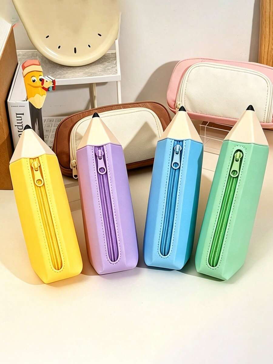 1 pièce Trousse à crayons en silicone en forme de crayon mignon, grande capacité, fermeture éclair lisse, pochette de papeterie - Multicolore - Voir 1
