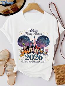 Disney 1pc Women's Short Sleeve T-Shirt, Minnie Mouse And Mickey Mouse Graphic Print, Round Neck, Slightly Elastic - White - View 1