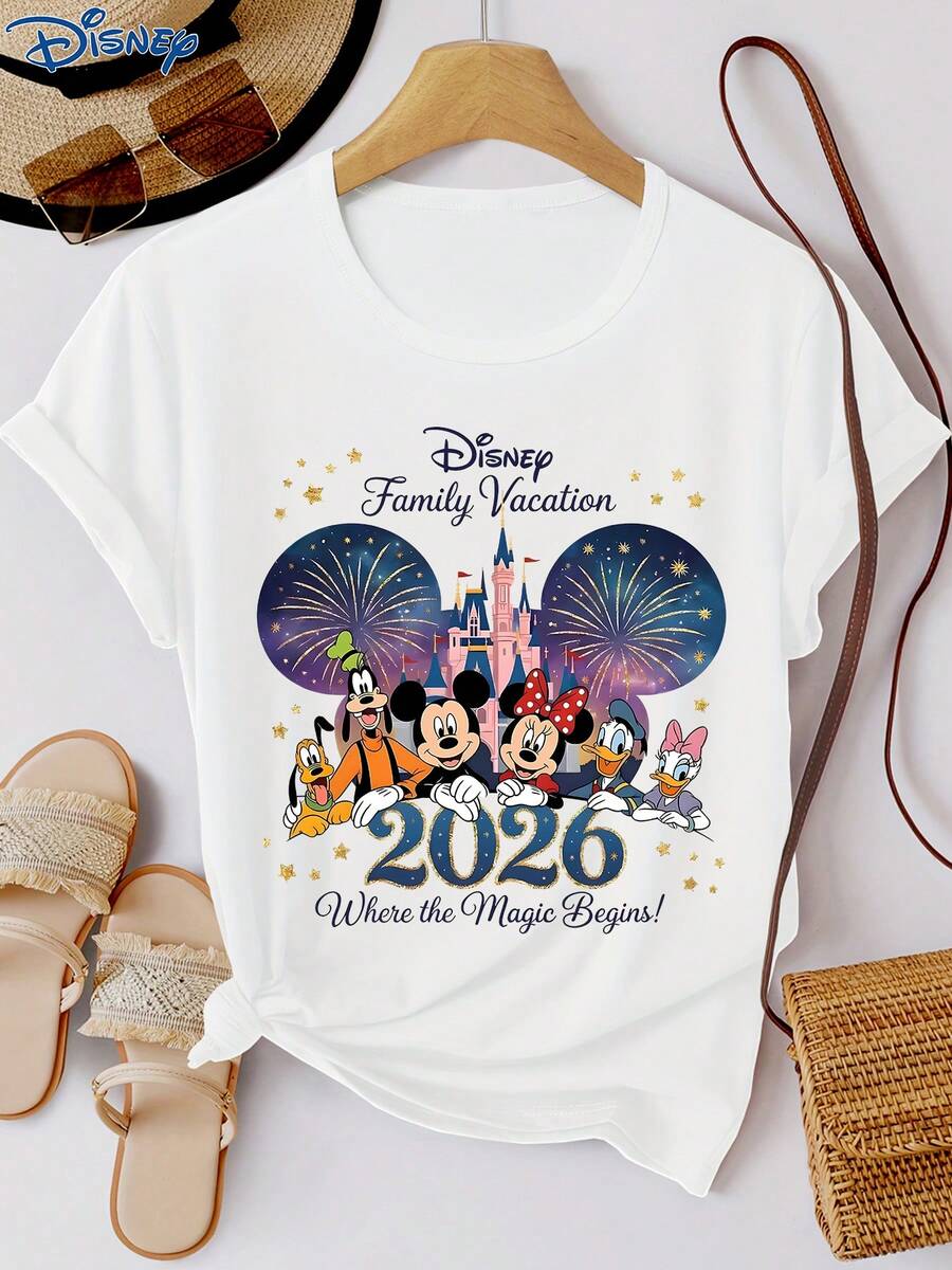 Disney 1pc Women's Short Sleeve T-Shirt, Minnie Mouse And Mickey Mouse Graphic Print, Round Neck, Slightly Elastic - White - View 1