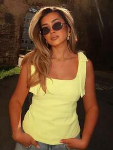 Top corto con lazo, Mujer, Verano, Amarillo, Blanco, Top de tirantes, Top de tirantes lindo con lazo, Top sin mangas con espalda descubierta, Top corto de estilo callejero Y2K casual para mujer - Dorado - Ver 6
