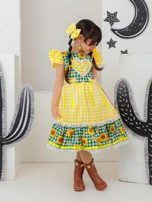 Short-Sleeved Puff-Sleeved Dress For Girls, Luxury Children's Clothing, Versatile, Stylish, Blogger-Worthy, Birthday Gift, Flared With Ruffles, Country, June Festival, Events, Party, Floral Print, Plaid, Premium, Square Dance, São João Set With Bow, Flowers, Lace. - 黃色 - 查看 2