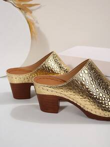 New Glossy Chunky Heel Mule Shoes, Fashionable Versatile And Comfortable - Gold - View 6
