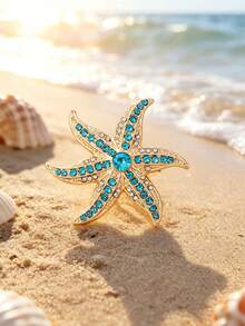 1pc Zinc Alloy Rhinestone Marine Life Brooch, Premium Design, Holiday Party Accessory - Blue - View 3