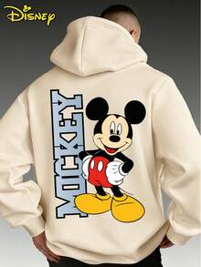 Disney Mickey Mouse Slogan Hoodie, Double-Sided Graphic Sweatshirt, Streetwear Style Oversized Pullover, Casual Top For Men & Women - 杏色 - 查看 2