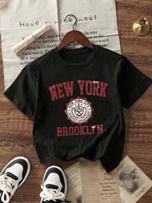 Camiseta de mujer de verano nueva, casual, con estampado de eslogan, holgada, estilo vacacional, de cuello redondo y manga corta.Parte superior de uso diario y vacacional.Camiseta de mujer.B - Negro - Ver 8
