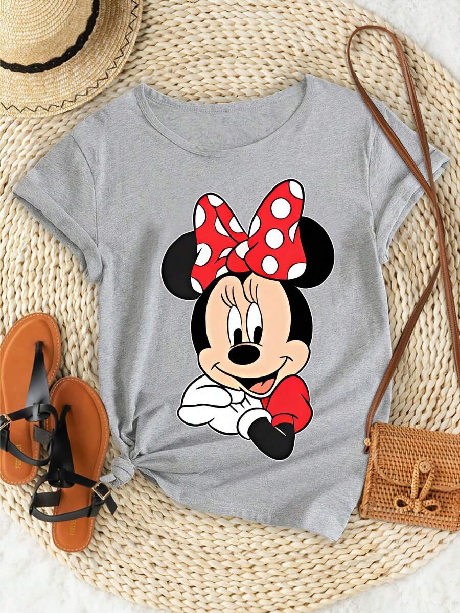 Disney 1件女款短袖T恤，迪士尼米妮滑鼠圖案印花，圓領，微彈性 - 灰色 - 查看 1