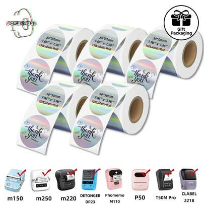 5 cuộn nhãn nhiệt hologram bạc hình tròn 50*50mm tự dính dùng cho túi quà, niêm phong bao bì, trang trí sổ kế hoạch, nhật ký tự làm và nhãn cảm ơn.