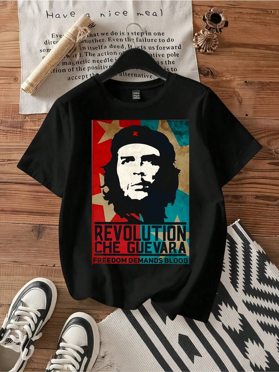 Che Guevara Revolution Freedom Tee.Vintage Graphic Print Casual Cotton Short Sleeve T-Shirt - Black - View 1