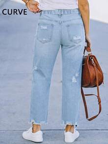 European And American Style Crossover Popular Street Fashion Loose Distressed Non-Stretch Mid-Waist Plus Size Women's Jeans Casual Fall - Light Wash - View 3