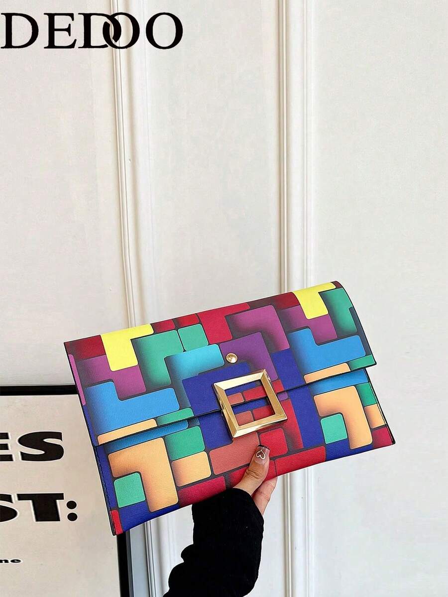 Dedoo New Fashion Colorful Pattern + Anti-Theft Lock Design Envelope Handbag, Suitable For Daily Shopping, Storing Phone, Coins, Cards And Other Items