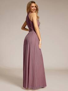 EVERPRETTY Charming Women's Halter Neck Backless Sleeveless Pleated Ruched Twist Design High Elastic Formal Evening Gown Wedding Party - Dusty Pink - View 2