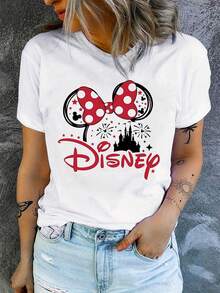 Disney 1件女款短袖T恤，米妮鼠圖案印花，圓領，微彈性 - 白色 - 查看 3