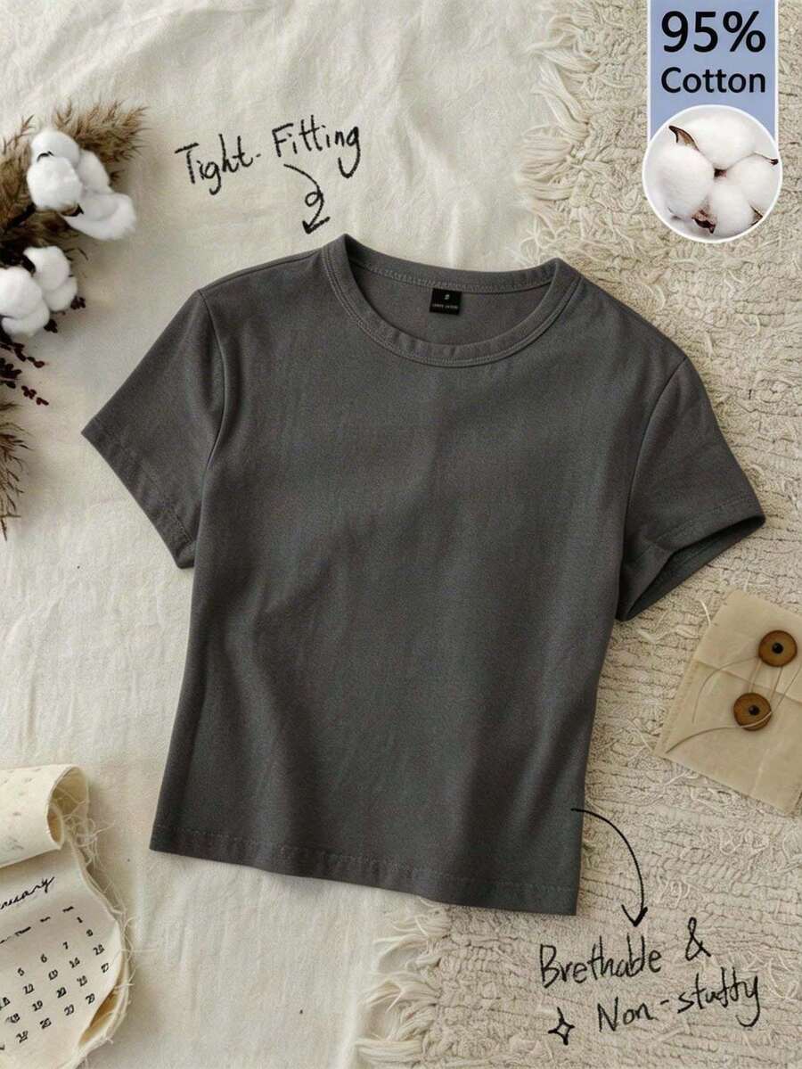 Women's Basic Casual Slim Fit Short Sleeve T-Shirt, 95% Cotton, Women's Summer Clothes, Women's Basic Set, Y2k, Fashion, Elegant. - 深灰色 - 查看 1
