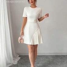 Fengyu Women's Clothing Store  Nuevo vestido elegante para mujer con cuello redondo, manga corta y volante en el bajo, color albaricoque, para primavera/verano - Negro - Ver 5