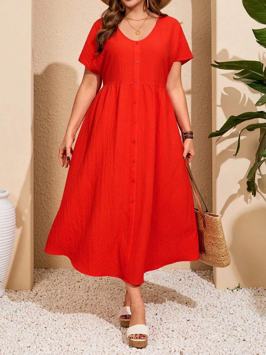 Vestido a cuadros de manga corta y cuello en V para mujer de talla, para vacaciones de verano - Naranja Coral - Ver 1