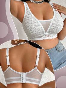 Bra Tanpa Kawat Motif Renda Patchwork Ukuran Besar untuk Wanita, Bra Olahraga Santai yang Nyaman dengan Desain Belakang yang Bernapas - Putih - View 5