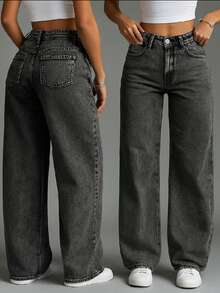 Calça wide leg jeans  pantalona feminina - grafite - Visão 1