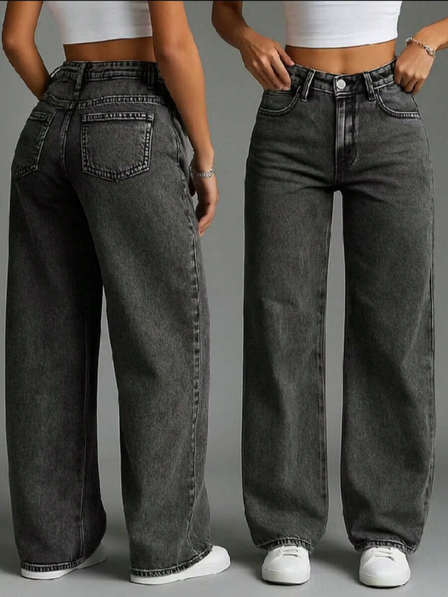 Calça wide leg jeans  pantalona feminina - grafite - Visão 1