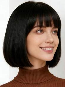 Wig Lurus Hitam 12 Inci dengan Poni, Serat Sintetis Tahan Panas, Lembut dan Mengembang, Desain Bernapas dan Nyaman, Cocok untuk Pemakaian Sehari-hari Wanita, Pesta, Halloween, Cosplay, Karnaval, Wig Modis dan Serbaguna - Hitam - View 1