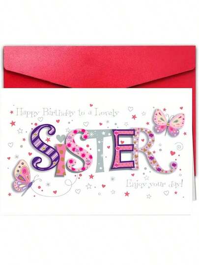 1Pc Cute Sister Birthday Card With Envelope - Beautiful Butterfly And Heart Design, "Happy Birthday To A Lovely Sister" Greeting, Suitable For Family, Daughter, Girlfriend, Classmates, All Occasions, Birthday Greetings | Optimistic Design | Durable Cardstock, Birthday Party Supplies