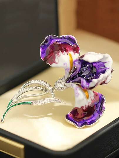 1 Peça Broche de Esmalte com Flor de Íris Elegante com Detalhes - Gradiente Vintage Roxo e Branco Joia de Moda Feminina | Acessório Perfeito para Vestidos, Casacos e Ocasiões Especiais