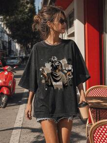 Women's Spring And Summer Printed White T-Shirt With Slogan From The Korean Drama "My Treatment", Stylish And Decent Theme Park Travel Clothes, Ideal For Travel And Tourism, Fashionable Short-Sleeved Round Neck Top. - 黑色 - 查看 9