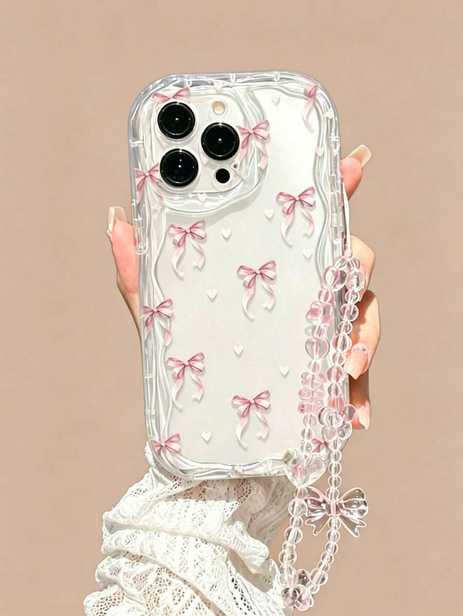 Funda protectora de teléfono con lazo transparente pintado con cadena, borde ondulado de crema, simple y antideslizante, adecuada para 11/12/13/14/15/16/17/PROMAX - Multicolor - Ver 1