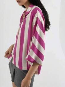 Relaxed Fit Striped Button-Down Shirt Carnation Pink - Hot Pink - View 5