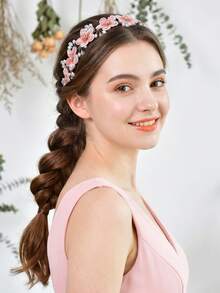 1件甜美水鑽粉色花卉髮箍 優雅新娘婚禮髮箍 節慶派對休閒女性髮飾 - 粉色 - 查看 4