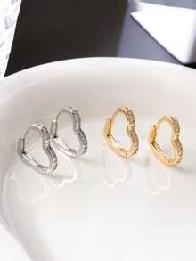 1 Pair Rhinestone Heart Shaped Hoop Earrings, Geometric Elegant Earrings For Women - Multicolor - View 5