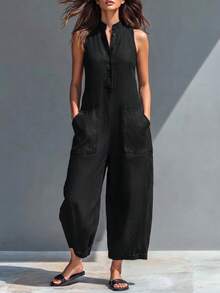 Mono de verano sin mangas con cuello alto y media botonadura, pierna ancha, bolsillos grandes, ajuste holgado y relajado, mono casual para ir al trabajo y vacaciones, efecto estilizante, color negro - Negro - Ver 1