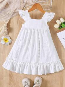 Young Girl Summer Casual Solid Color Square Neck Cap Sleeve Hollow Out Patchwork Fashion Dress - White - View 2