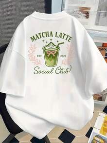 Printed On The Front And Back, Fashionable Short-Sleeved T-Shirt, A Summer Essential, MATCHA LATTE, EST. Women's Casual Long-Sleeved Round Neck Printed Top 2025 - Women's Clothing, Comfortable Fit, Classic Design - 白色 - 查看 4