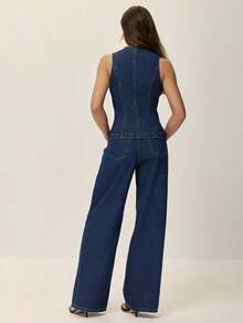 Conjunto de 2 piezas con top sin mangas con botones metálicos y aberturas en la Bottom, y pantalones vaqueros de pierna ancha de cintura alta - Conjunto elegante de mezclilla, pantalones vaqueros de pierna ancha y holgada, pantalones vaqueros de mujer de talle alto, FW25 - Blanco y Negro - Ver 10