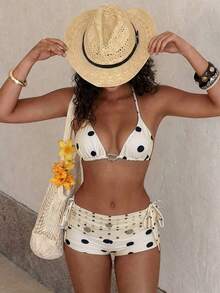 3 pièces Ensemble de bikini à pois beige, comprenant un maillot de bain pour homme, un bas sexy à lacets, une décoration ajourée en métal, convenant pour la piscine, la fête et les vacances d'été à la plage - Multicolore - Voir 2