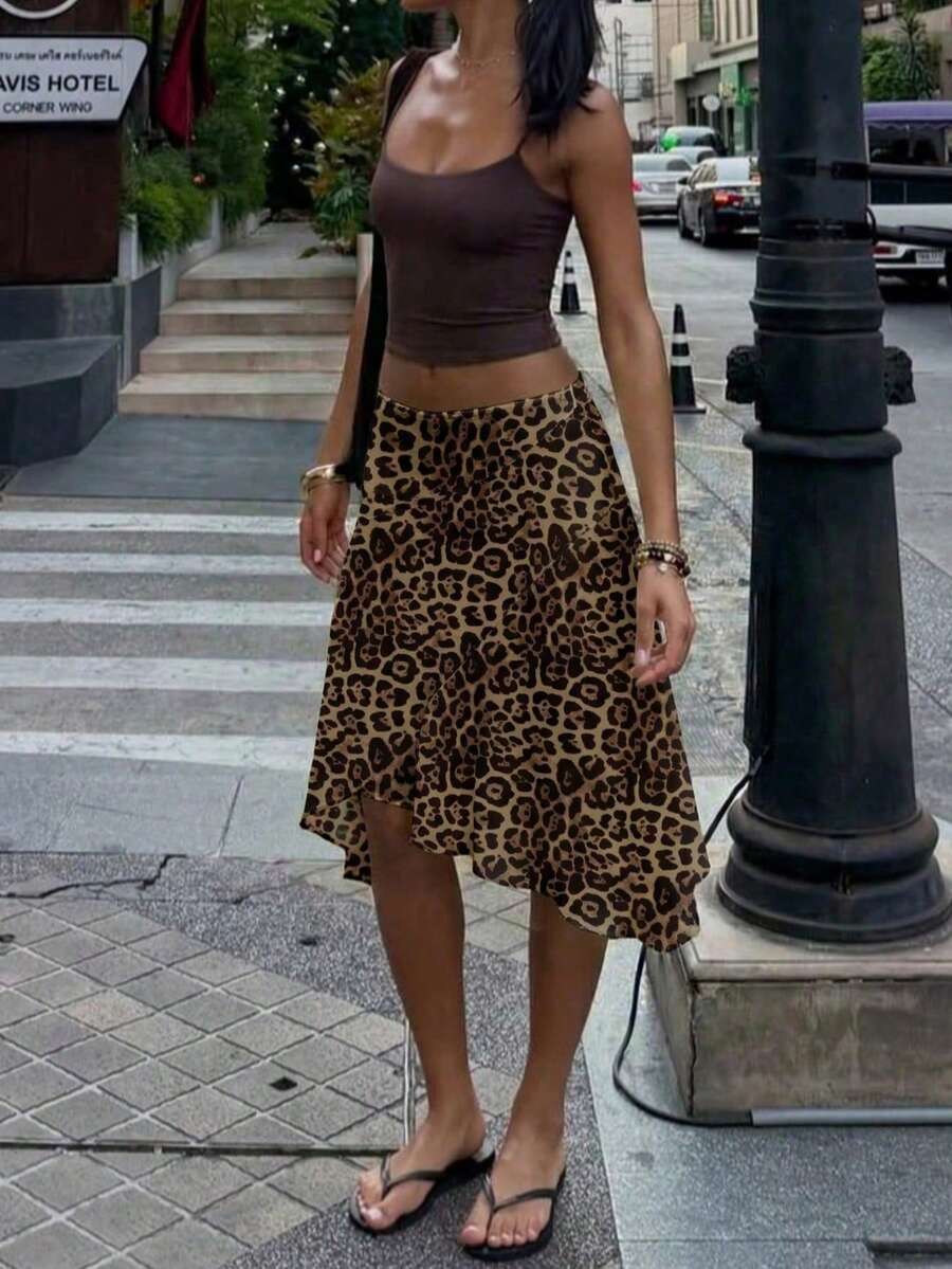 女款時尚夏季波西米亞風豹紋不對稱下擺膝長裙,優雅風格,適合海灘、度假、約會 - 彩色 - 查看 1