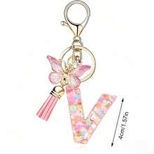 Llavero con letra, borla y colgante de mariposa, para billetera, mochila, bolso de mano - Multicolor - Ver 13