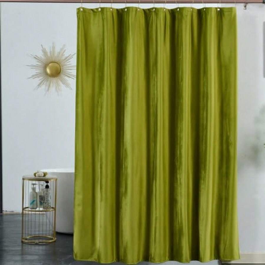 Olive Sage Green Velvet Shower Curtain 260 GSM Heavyweight No-Cling Drape Water Repellent Luxury Hotel Style Moody Boho And Vintage Farmhouse Decor 72x72 Inch 12 Gold Hooks Included - Light Green - View 1