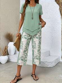 Women's Leaf Print 2 Piece Outfit, Lightweight Breathable Asymmetrical Hem Short Sleeve Top & Capri Pants, Casual Daily Vacation Summer Outfit Set - 綠色 - 查看 1