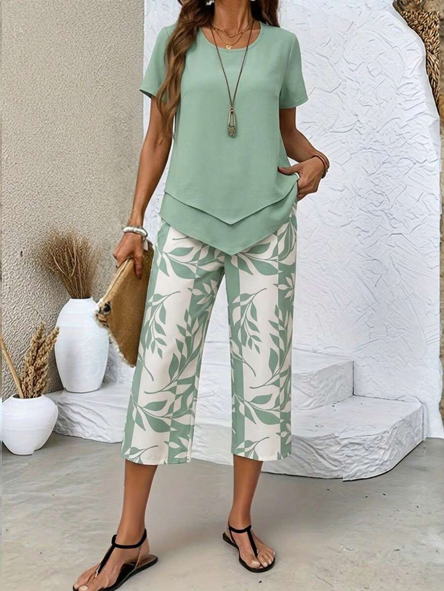 Women's Leaf Print 2 Piece Outfit, Lightweight Breathable Asymmetrical Hem Short Sleeve Top & Capri Pants, Casual Daily Vacation Summer Outfit Set - 綠色 - 查看 1