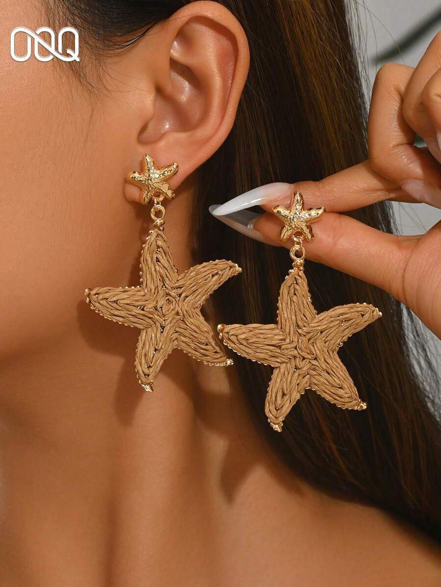 OOQ 1 Pair Summer Vacation Style Handmade Rattan Starfish Pendant Earrings, Fashion Jewelry For Beach Holiday, Gift For Friends And Family (Handwoven Rattan Shape And Direction Random) - Khaki - View 1