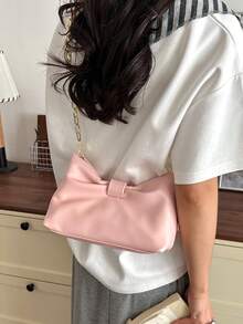 1pc Elegant Refined Solid Color Bow Ruffle Decor Shoulder Bag, Minimalist Versatile Metal Chain Crossbody Bag, PU Material High-End Sweet Cute Square Bag Suitable For Daily Commute, Women - Pink - View 3