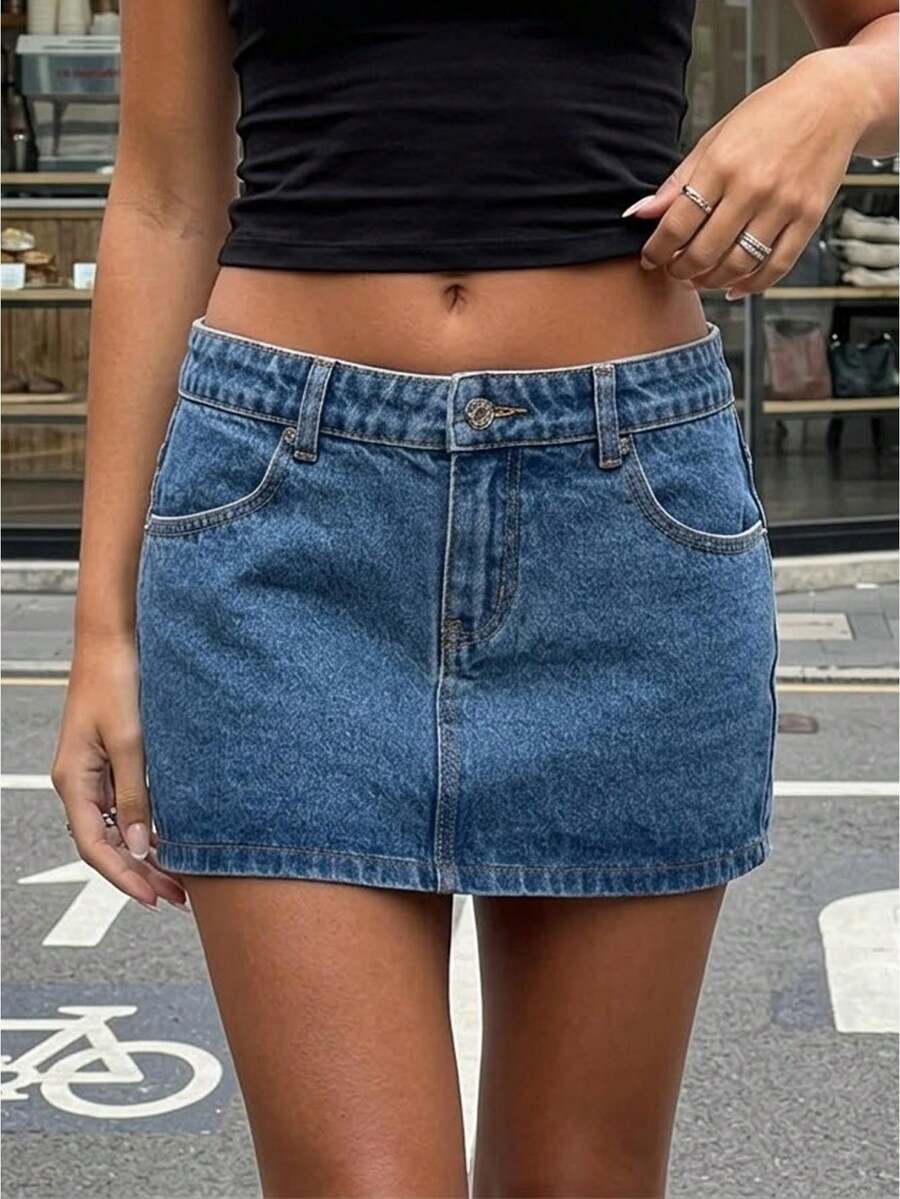 Women Low Rise Classic Denim Micro Mini Skirt Y2K Vintage Washed Straight Cut Jean Skirt Streetwear Casual - Dark Blue - View 1
