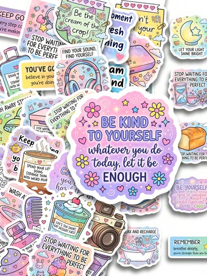 50/100pcs Fantasy Cute Positive Affirmation Stickers, Japanese Style Cute Macaron Gradient Color Daily Life Inspirational Quotes Stickers, Suitable For Planner, Scrapbook, Water Bottle, Stationery DIY Crafts And Aesthetic Self-Care Souvenirs
